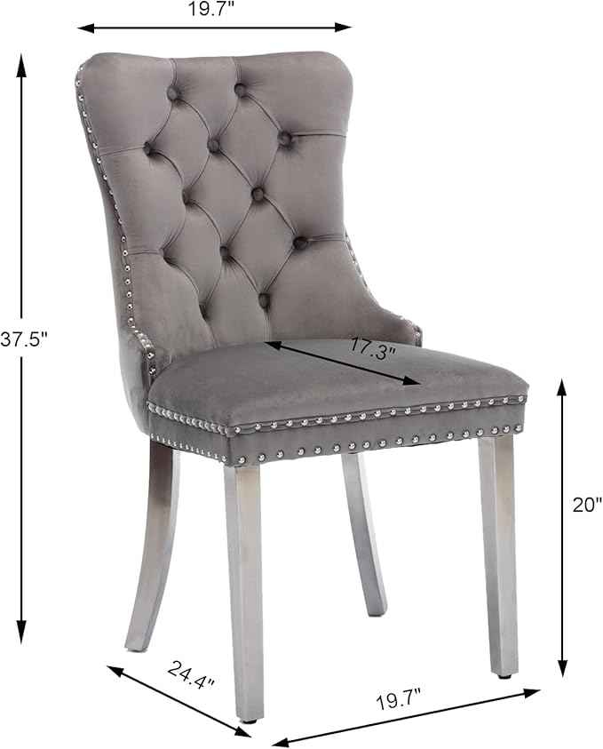 Velvet Dining Chairs Set of 6, Upholstered Dining Room Chairs with Back Ring Pull Trim and Sliver Stainless Steel Legs,Modern Kitchen Chairs Perfect for Dining Room,Kitchen(Grey)