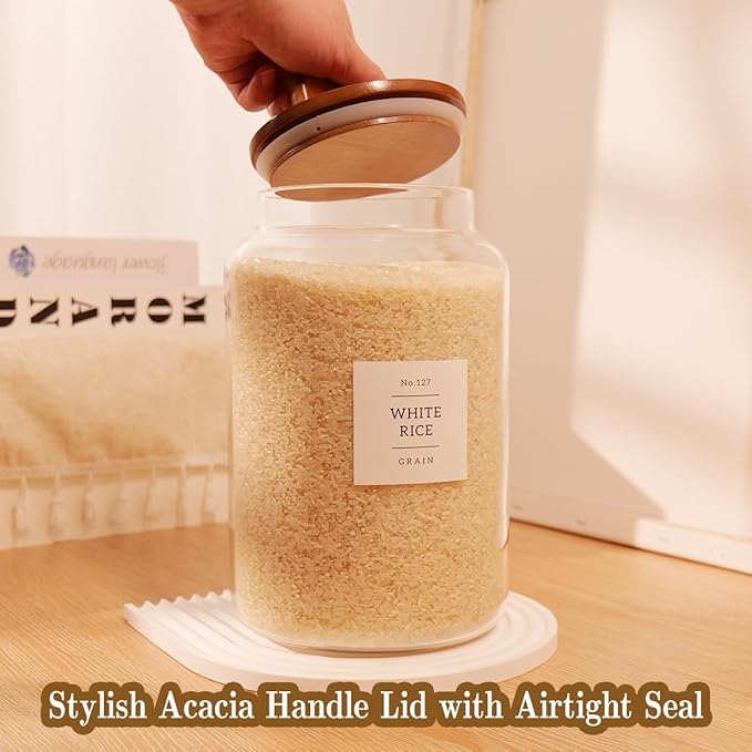 2 Pack Large Glass Flour and Sugar Containers with 132 Pantry Labels - 1 Gallon Glass Canisters with Bamboo Airtight Lids - Farmhouse Glass Cookie Jars for Rice, Pasta, Cereal, Bath Salt