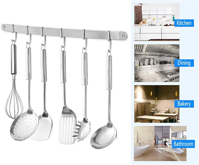 Stainless Steel Kitchen Utensil Racks Holder Hanging Rail Organize Pots Pans Kitchen Knife Gadgets On Wall Mounted Hanger Bar Rail Under Cabinet Shelf (6 Hook,17") Pack of 2