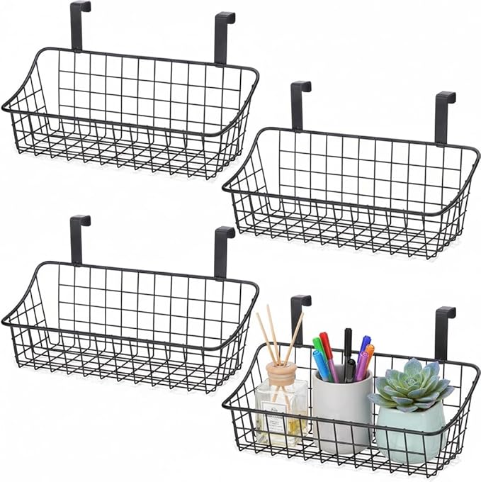 LeleCAT Cabinet Door Organizer Basket with hook Grid Storage Basket, Hang it behind a door or on a railing,BLack,4 Pack