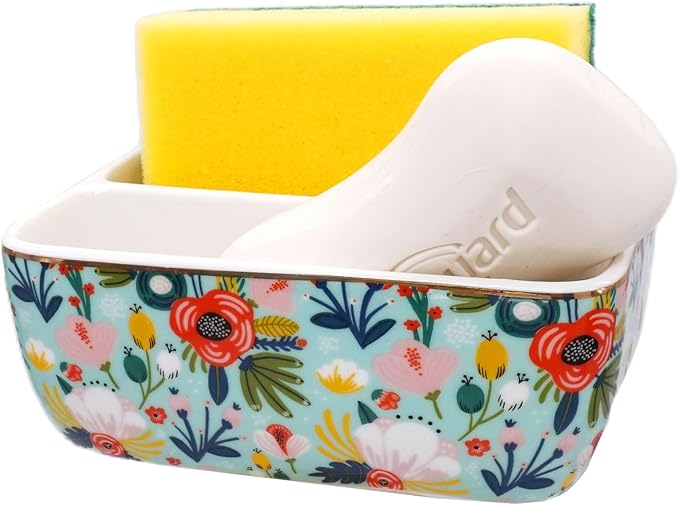 2 Compartments Ceramic Sponge Holder for Kitchen Sink, Cute Floral Pattern Countertop Dish Sponges Holder Soap Sink Organizer Caddy Farmhouse Home Kitchen Decor Mint Flowers