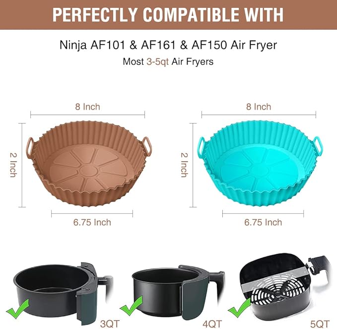 Air Fryer Silicone Liners for Ninja Air Fryer AF101 4 QT AF150 AF161 5.5 QT MAX XL, for COSORI/Gourmia/PowerXL/InstantPot/Philips 4QT and Most 3 to 5 QT Airfryers, Better than Parchment Paper Liners