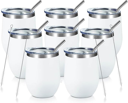 COMOOO 12oz Wine Tumbler with Lid and Straw, Stainless Steel Stemless Wine Glass, Double Wall Vacuum Insulated Wine Tumbler Cup, Cocktails,Beer,Champaign, White, 8 Pack