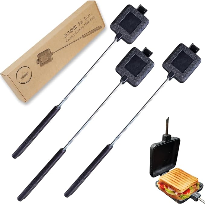 Pie Iron Set – Large Cast Iron Sandwich Maker for Camping, 3-Piece Camp Pie Cooker, Campfire Grilling & Outdoor Cooking Equipment