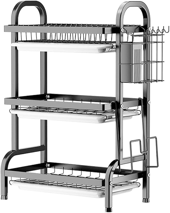 Goldmeet 3 Tier Dish Drying Rack, Large Stainless Steel Over The Sink Dish with Drain Tray, Kitchen Dishes Drying Racks, Dish Racks for Kitchen Counter Storage (Black)