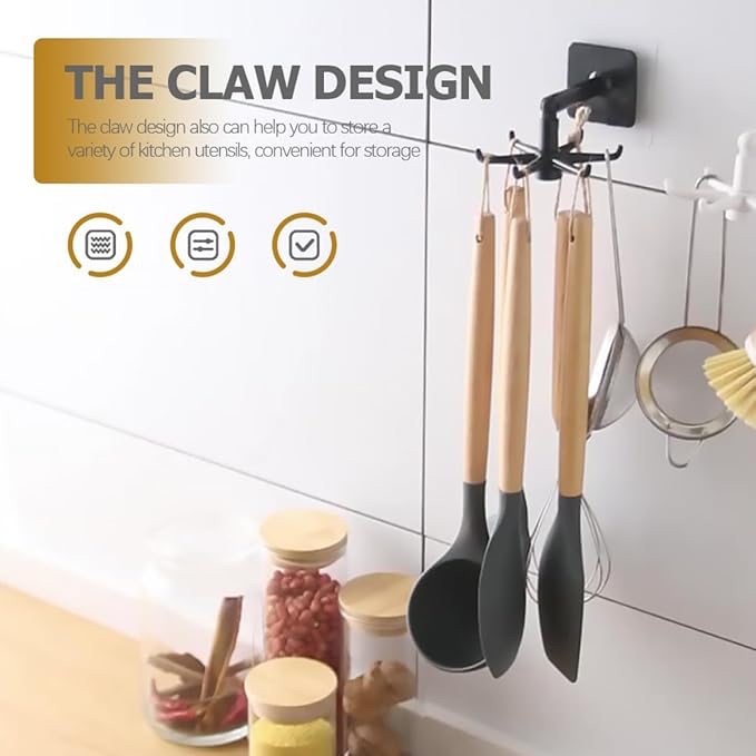 ARTIBETTER 4pcs Rotatable Kitchen Wall Hooks 360° Swivel Under Cabinet Hooks for Utensil Hanging, Black and White, Space-Saving Kitchen Storage Organizer