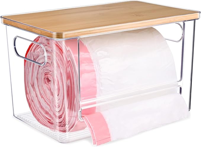 Trash Bag Dispenser, Trash Bag Holder Dispenser with Bamboo Top, Extra Large Garbage Bags Holder Organizer Under Sink for Kitchen, Pantry, Laundry Room