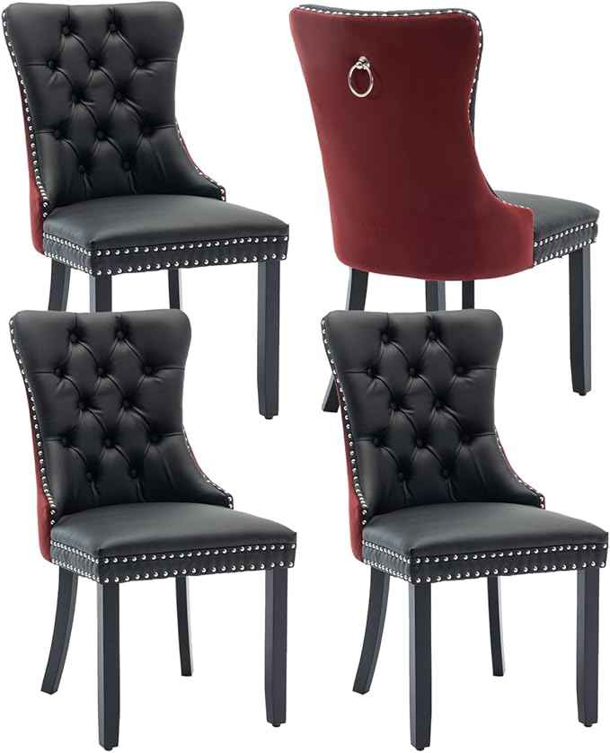 Dining Chairs Set of 4, Upholstered Dining Room Chairs with Back Ring Pull Trim and Solid Wood Legs, Modern Tufted Kitchen Chairs Perfect for Dining Room, Black Pu Leather Splicing WineRed Velvet