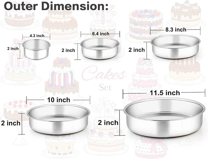 TeamFar Cake Pan, 4’’ - 6’’ - 8’’ - 9½’’ - 11’’, Stainless Steel Round Baking Tier Smash Cake Pans Set, Healthy & Heavy Duty, Mirror Finish & Dishwasher Safe - Set of 5