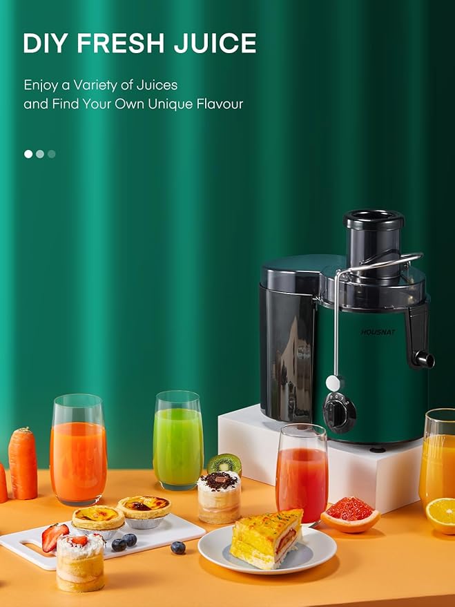 Juicer Machine, HOUSNAT Centrifugal Juicer,Extractor Max Power 800W Juice, 65MM Chute for Whole Fruit and Vegetables, Juice Extractor with 3 Speeds Quick Juicing, Easy to Clean, BPA Free, Green