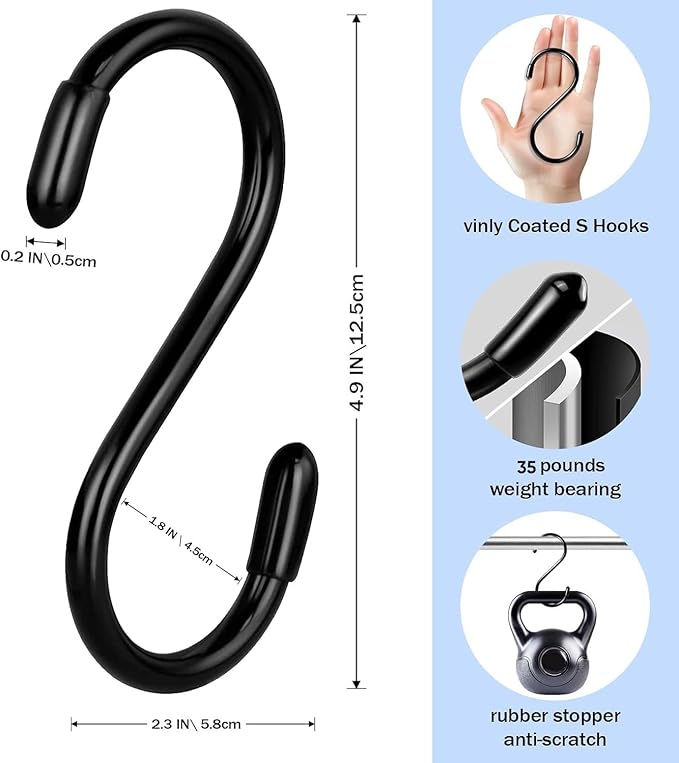 Vinyl Coated S Hook, Hanging Plants,Non Slip,Small Rubber Coated Steel Metal Black Closet S Hook for Hanging Jeans Plants Jewelry Pot Pan Cups Towels (6, 5 Inch+Black + Vinyl Coating)