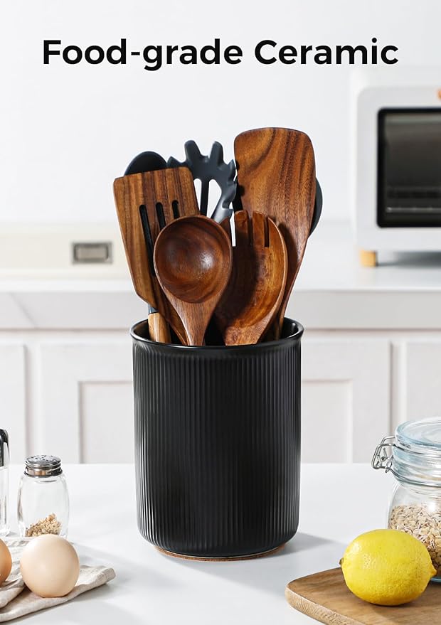 LoeJan Utensil Holder, Extra Large Utensil Crock, Stable Ceramic Utensil Organizer, Cooking Tool Organizer Set for Kitchen Counter Farmhouse Décor, Matte Black