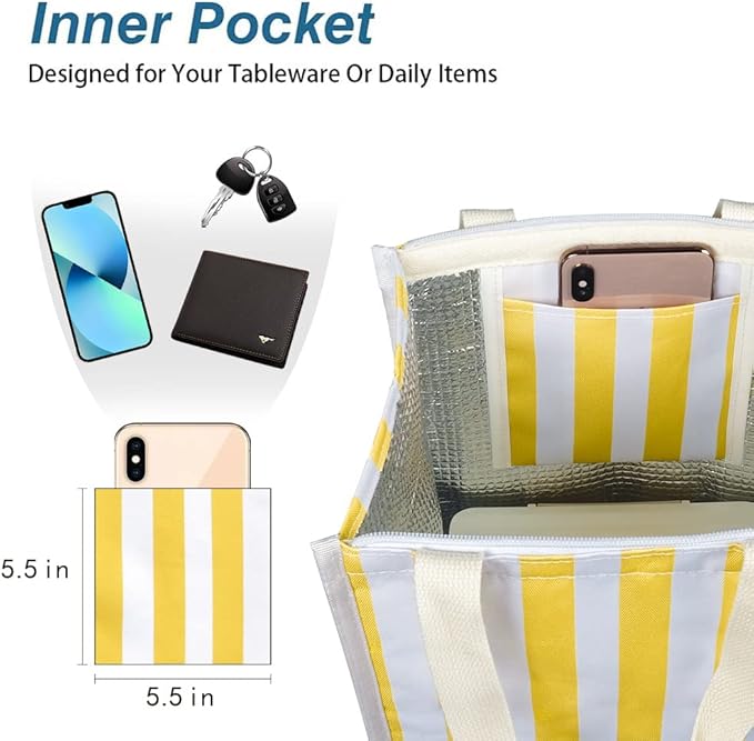 iknoe Insulated Lunch Bag for Women & Adults, 9L Foldable Wide-Open Cooler Bag with Pockets, Leakproof & Portable, for Picnic, Office, Beach(Yellow stripe)