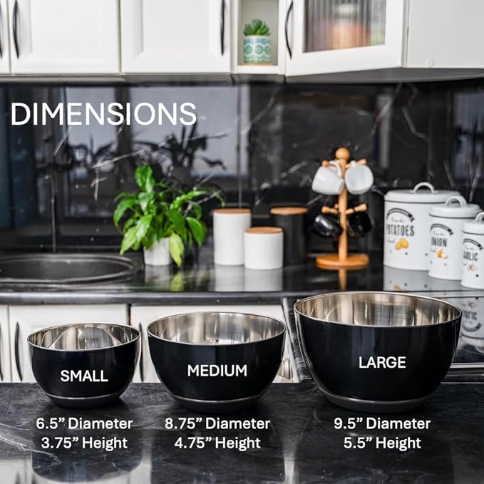 WHYSKO Stainless Steel Mixing Bowls Set of 3 with Non-Slip Silicone Base, Nesting Metal Bowls for Meal Prep, Baking, Cooking & Food Storage, Dishwasher Safe Kitchen Mixing Bowls, Black