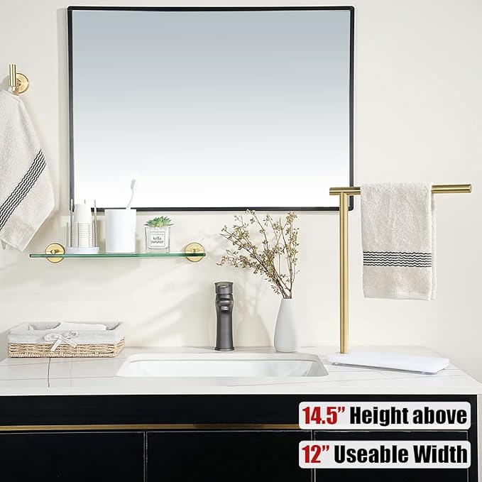 JQK Hand Towel Holder Stand Brushed Gold, Modern Tree Rack Free Standing for Countertop with 12 Inch Bar, 304 Stainless Steel Thicken 0.8mm White Base, HTT170-WG