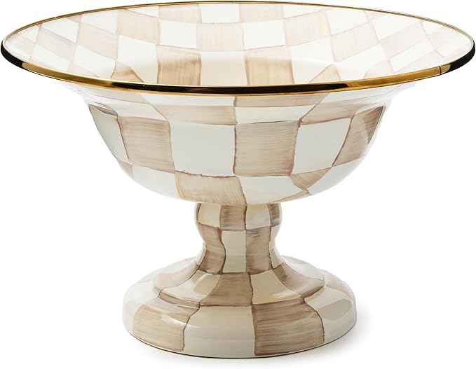 MACKENZIE-CHILDS Enamel Compote, Cute Enamel Pedestal Serving Dish or Decorative Bowl, Large, Brown-and-White Mocha Check