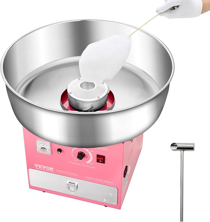 VEVOR Electric Cotton Candy Machine, 1000W Commercial Candy Floss Maker with 20.5 in Stainless Steel Bowl, Sugar Scoop, and Drawer, Easy Home Use, Perfect for Kids Birthday, Family Party, Pink