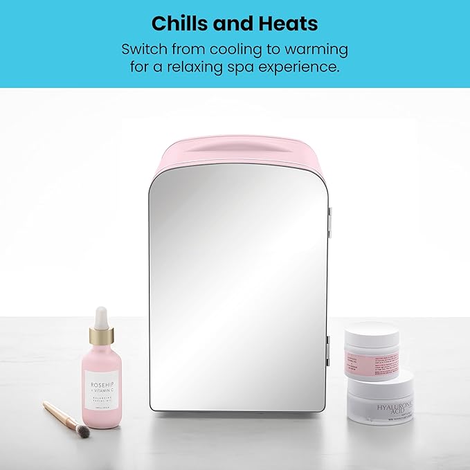 Chefman - Iceman Portable Mirrored Personal Fridge 4L Mini Refrigerator, Skin Care, Makeup Storage, Beauty, Serums & Face Masks, Small For Desktop Or Travel, Cool & Heat, Cosmetic Application, Pink