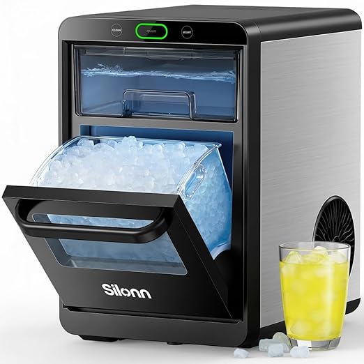 Silonn Nugget Ice Maker Countertop - 44lbs/24h Crushed/Pebble Ice Machine, Front Pull-Out Water Tank & Removable Basket, Stainless Steel Finish for Home Kitchen