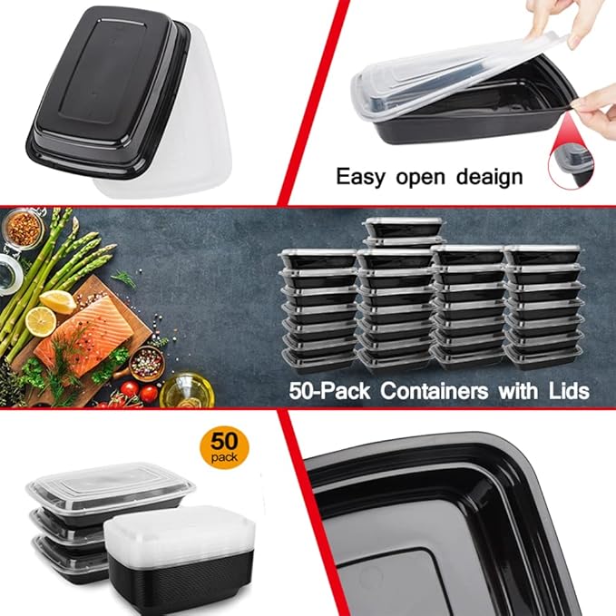 Reusable Food Prep Containers, 50-Pack 24 OZ Plastic Containers with Lids For Meal Food Prepping - Durable Food Storage Containers Lunch Boxes- Stackable, Meal Dishwasher Safe