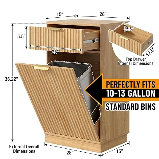 13 Gallon Tilt Out Trash Can Cabinet with Storage, Wooden Farmhouse Trash Can Kitchen Hideaway, Sturdy Freestanding Single Trash Cabinet, Pet-Proof Hidden Garbage Can Cabinet for Kitchen, (Oak)