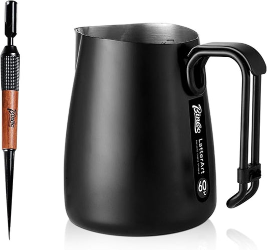 Bincoo Milk Frothing Pitcher,Espresso Milk Frothing Pitcher Stainless Steel 20oz/600ML Coffee Milk Frother Cup with Latte Art Pen