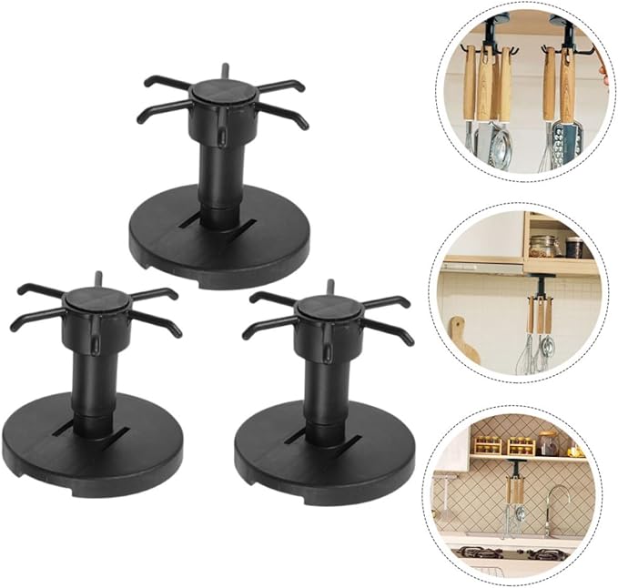 FRCOLOR 3pcs Rotating Kitchen Utensil Hooks Cabinet Hangers Black Under Cabinet Storage Organizer for Spatula Spoon and Knife