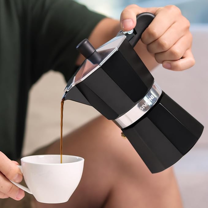 Sivaphe Aluminum Moka Pot 9 Espresso Cups, Percolator Espresso and Coffee Maker, Portable Stovetop Italian and Cuban Café Brewer for Home and Camping Black
