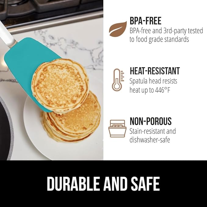 GORILLA GRIP Patented BPA-Free Non-Scratch Spatula, 2 Pack, Heat Resistant Flexible Silicone Head for Nonstick Cooking Pans, Soft Rubber Handle, Kitchen Spatulas for Flipping Eggs, Pancakes, Turquoise
