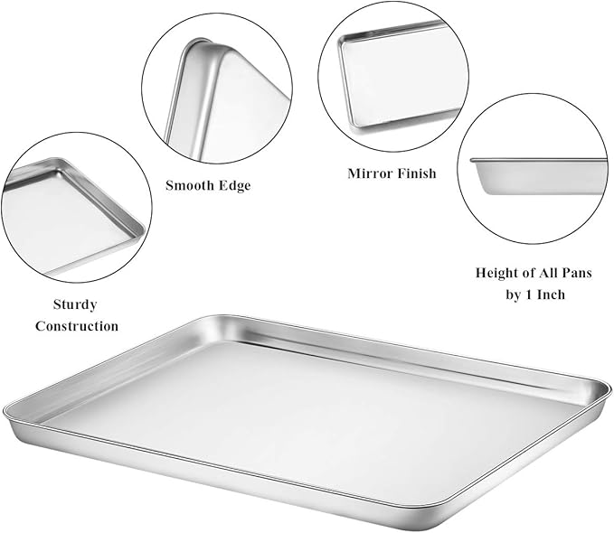 Baking Sheet with Rack Set [2 Pans + 2 Racks], Wildone Stainless Steel Cookie Sheet Baking Pan Tray with Cooling Rack, Size 16 x 12 x 1 Inch, Non Toxic & Heavy Duty & Easy Clean