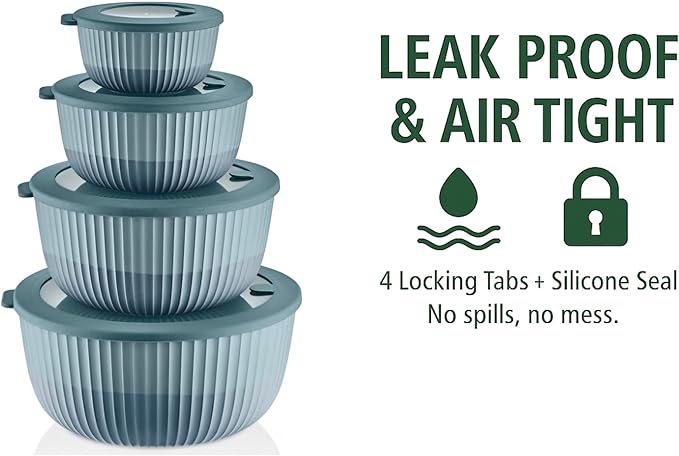 Mixing Bowls with Lids, 8-Piece Airtight Leak-Proof Nesting BPA-Free Bowl Set for Kitchen & Food Storage, Large 4200ml Capacity, Microwave & Dishwasher Safe