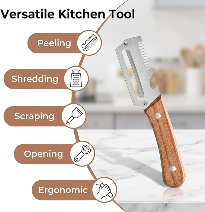 2 Pack Multifunctional Vegetable Peeler, 3-in-1 Peelers For Kitchen with Bottle Opener, Sharp Stainless Steel Swivel Blade, Wooden Handle, For Vegetables or Fruits that Need to Be Peeled