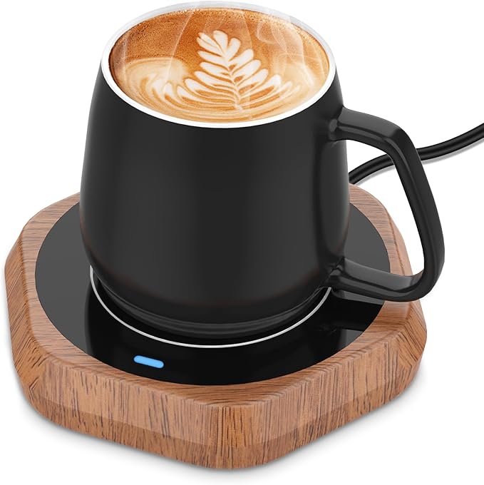Coffee Mug Warmer for Desk - Wooden Auto Shut Off Drink Warmer for Milk Tea Water Cocoa - Smart Beverage Heating Candle Wax Plate - Hexagonal