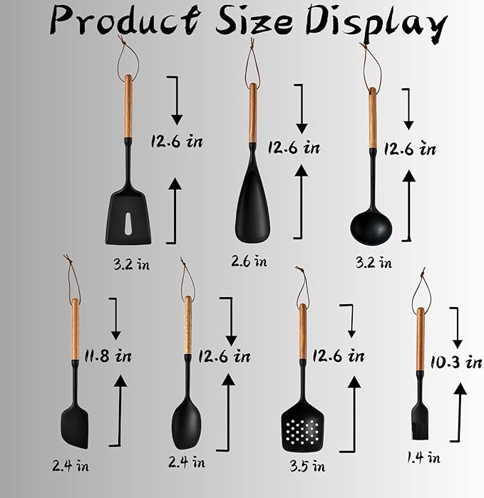 Exquisite Silicone Cooking Utensils Set - Non-Toxic, Heat-Resistant Kitchen Utensils Set with Food-Grade Silicone & Wood Handles - Includes Spatula & Spoon for Non-Stick Cookware, Black