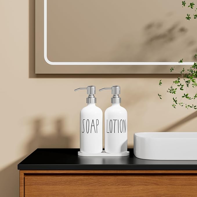 MOMEEMO Hand Soap Dispenser for Bathroom, Soap and Lotion Dispenser Set with Silver Metal Pump, Suitable for Farmhouse Bathroom Decor. (White & Silver)