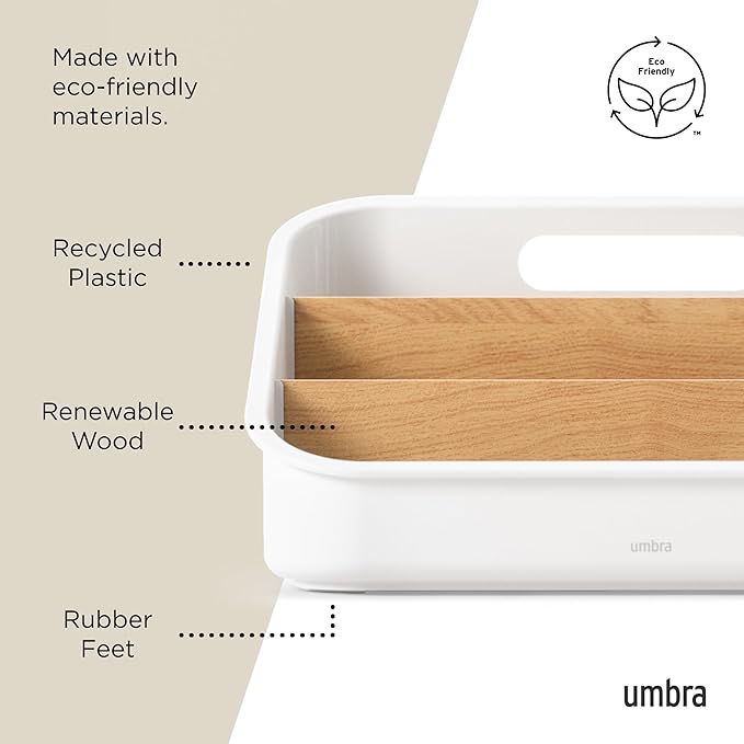 Umbra Bellwood Packet Organizer, Divided Tray for Pantry Ingredients and Other Small Items, Made of Durable Plastic and Wood, Natural/White