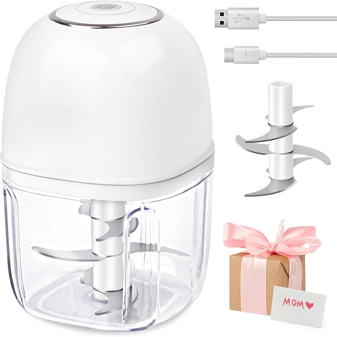 Wireless Food Chopper Mini, 350ml Cordless Food Processor, 1.4Cup Garlic Onion Chopper, Battery USB-C Rechargeable Electric Processor, Veggie Meat Blender, Small Kitchen Appliance, Mom's Gift, White