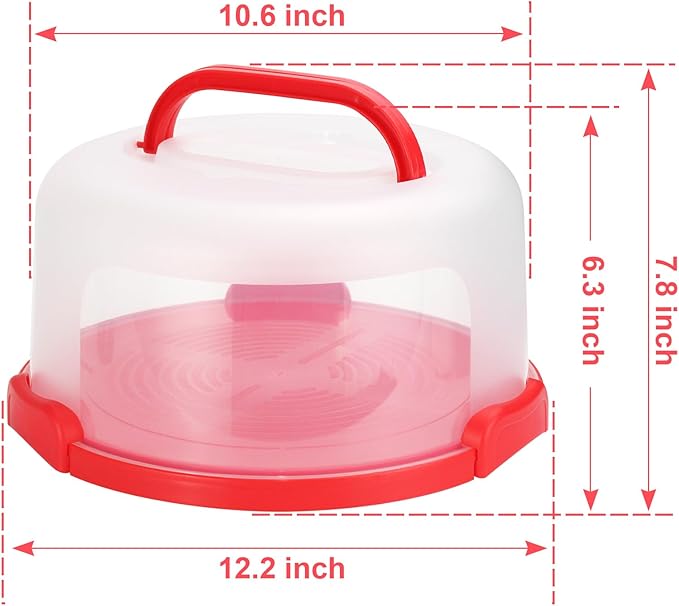 Cake Carrier with Lid and Handle, Fit 10’’ Cake Stand with Lid, Cake Transport Storage Container, Cake Containers Cover Stand with Lids, 3 Secure Side Closures (Red)