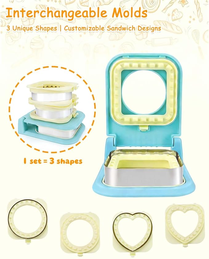 3-in-1 Uncrustable Sandwich Maker - Heart/Round/Square Crustless Sandwich Cutter & Sealer for Kids' Lunch, Breakfast & Lunchboxes | BPA-Free Uncrustable Press,Easy Clean (3-Shape Light Blue)