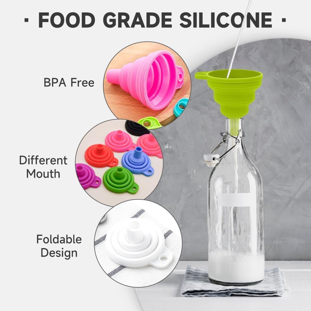 Kitchen Funnel Set, 2025 Upgrade Silicone Collapsible Funnel Silicone Collapsible Food Funnels for Kitchen 3 Sizes Funnels for Home Use Filling Bottles Daily Cooking (Black, 1Set 11+14+20g)