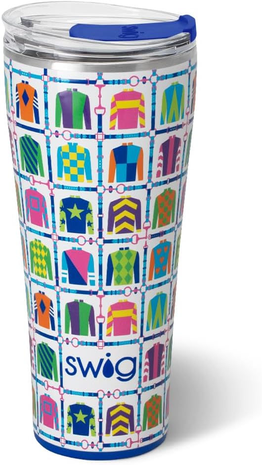 Swig Life 32oz Insulated Tumbler, Travel Coffee Tumbler with Lid, Cup Holder Friendly Travel Coffee Mug, Stainless Steel, 32 oz, Reusable Insulated Mug with Lid (Jockey Club)