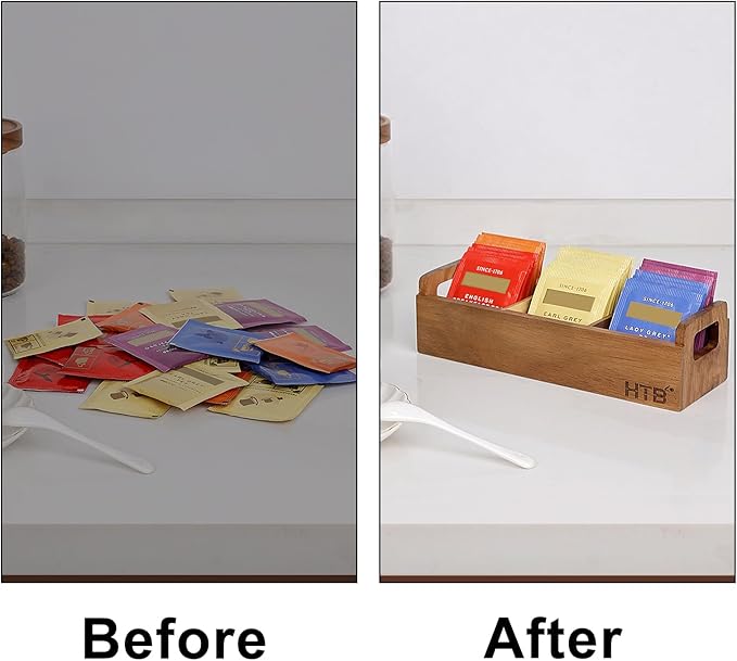HTB Small Tea Bag Box Wooden, 3 Compartments Acacia Wood Tea Bag Chest with Handle, Mini Countertop Divided Storage Container for Beverage Supplies, Sugar, Sweeteners, Individual Packets