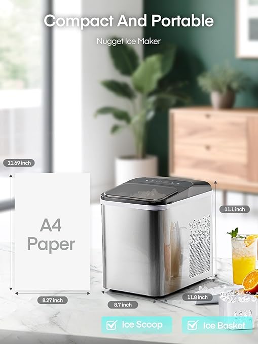 Nugget Ice Maker Countertop, 40lbs/24H Chewable Pellet Ice Machine with Self-Cleaning, Ready in 6 Minutes, Portable Ice Makers with Basket and Scoop for Home, Kitchen, Office (Silver)