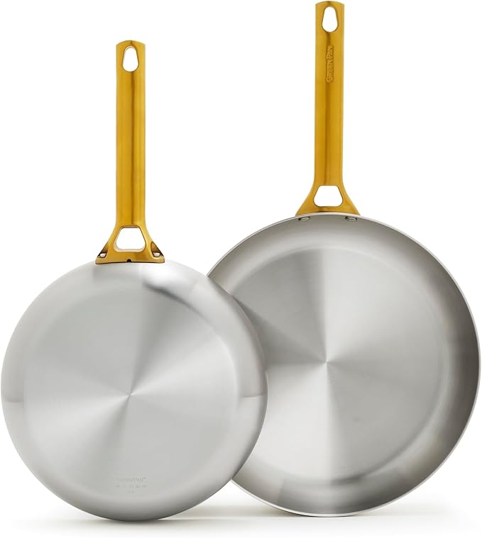 GreenPan Stainless Steel Tri-Ply Reserve 10” and 12” Frying Pan Skillet Set, Multiclad Cookware, Induction, Oven & Broiler Safe to 600°F, Heat Responsive Core, Dishwasher Safe, Gold Handles