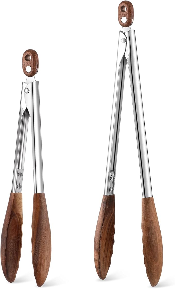 Baderke 2 Pcs Walnut Wooden Kitchen Tongs for Cooking Wooden Utensil Set Salad Tongs with Wood Tips for Serving Salad Flipping Burgers Grilling and Much More, Set of 2, 11.4 inch and 14.6 inch