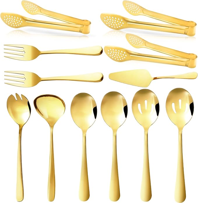 XEVOM Gold Serving Utensils Set, 12 Pack Polished Stainless Steel, Includes Spoons, Forks, Tongs, Ladle, Cake Server (Gold)