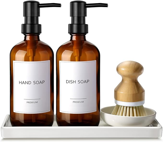 GMISUN Dish Soap Dispenser, 16 Oz Kitchen Soap Dispenser Set with Ceramic Tray & Bamboo Brush, 2 Pack Thick Amber Glass Soap Dispenser, Farmhouse Refillable Hand and Dish Liquid Soap Pump Bottle Set