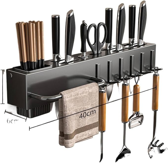 New Multi-Functional Kitchen Rack Home Wall-Mounted Knives Chopstick and Spoon Storage Rack Punch-Free cookware draining Rack, 40, Black