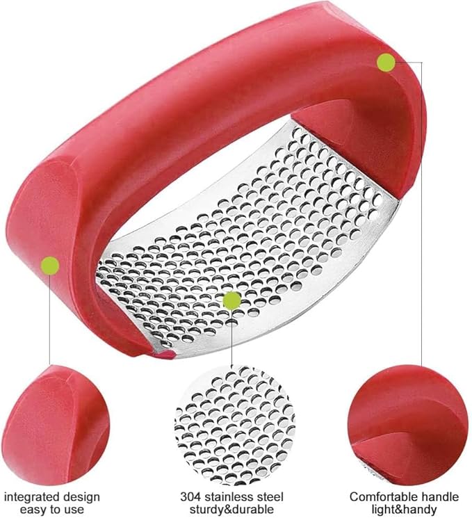 Angel's Peel Lounge Stainless Steel Garlic Press Rocker Set with Silicone Garlic Peeler & Cleaning Brush – Garlic Chopper, Mincer, Grater, Crusher – Easy for Crushed Cloves – Rust-Resistant, Red