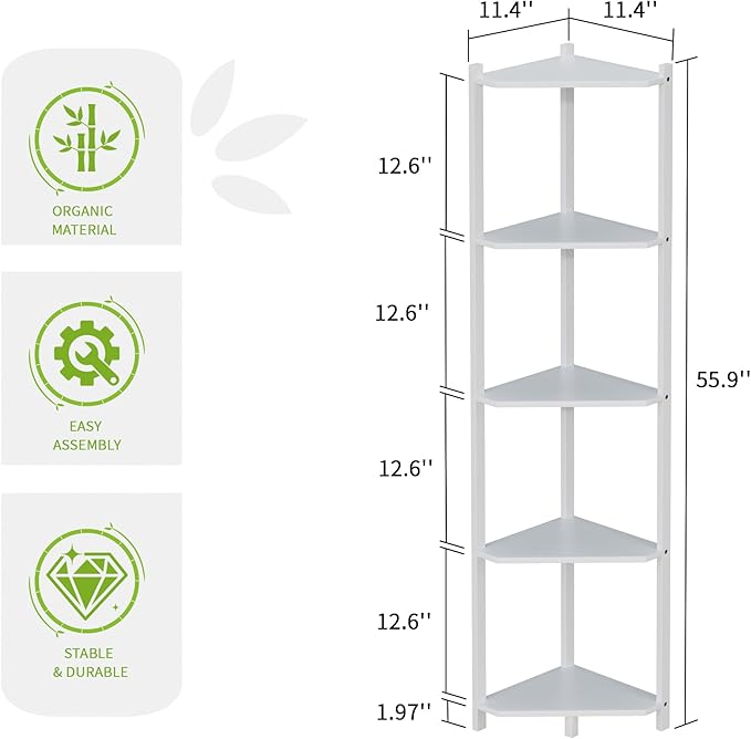 Wisuce Corner Shelf, 100% Real Bamboo Shower Corner Shelves Free Standing Shelf Storage Organizer for Bathroom Living Room Kitchen (White, 5 Tier)